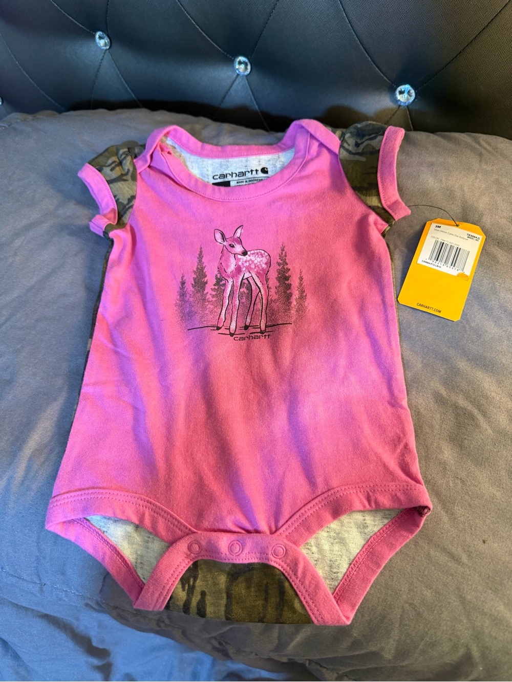 Carhartt Pink Girls' Deer Graphic One-Piece Bodysuit with Camo Trim